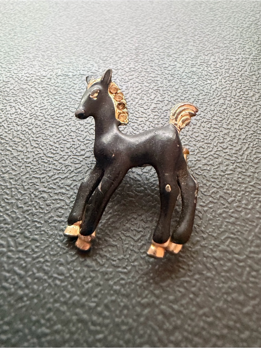Vintage Black Enamel Horse Foal Brooch Pin Gold Tone Rhinestone Mane Colt
